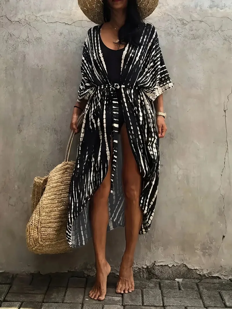 Stylish Tie Dye Open Front Long Kimono Swimsuit Cover up for Women 3