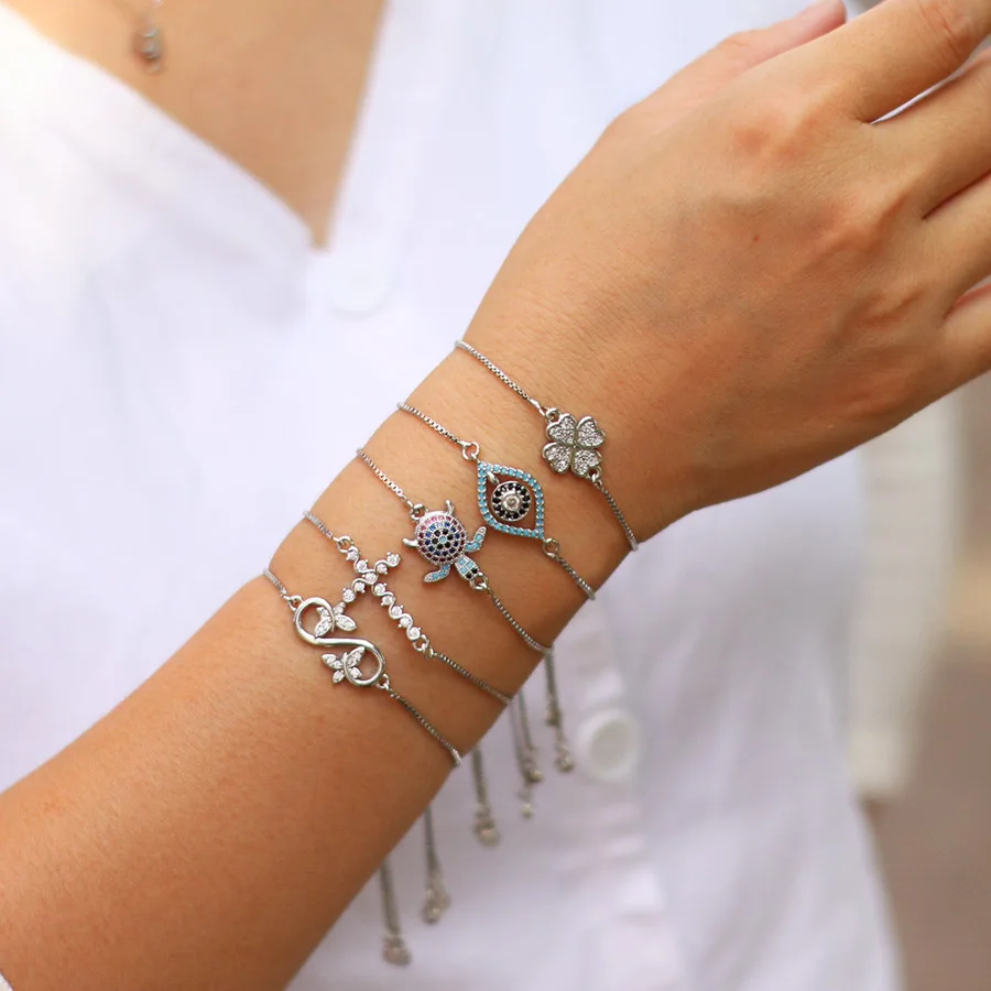 Adjustable Chain Bracelet for Women with Evil Eyes and Butterfly