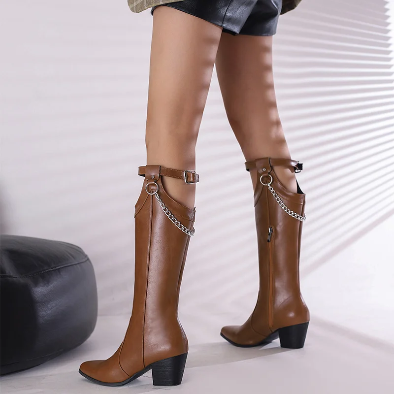 

YMECHIC 2022 Autumn Winter Sexy Riding Mid-calf Long Boots for Ladies Metal Chain Block Spike Heel Cosplay Party Shoes Women New