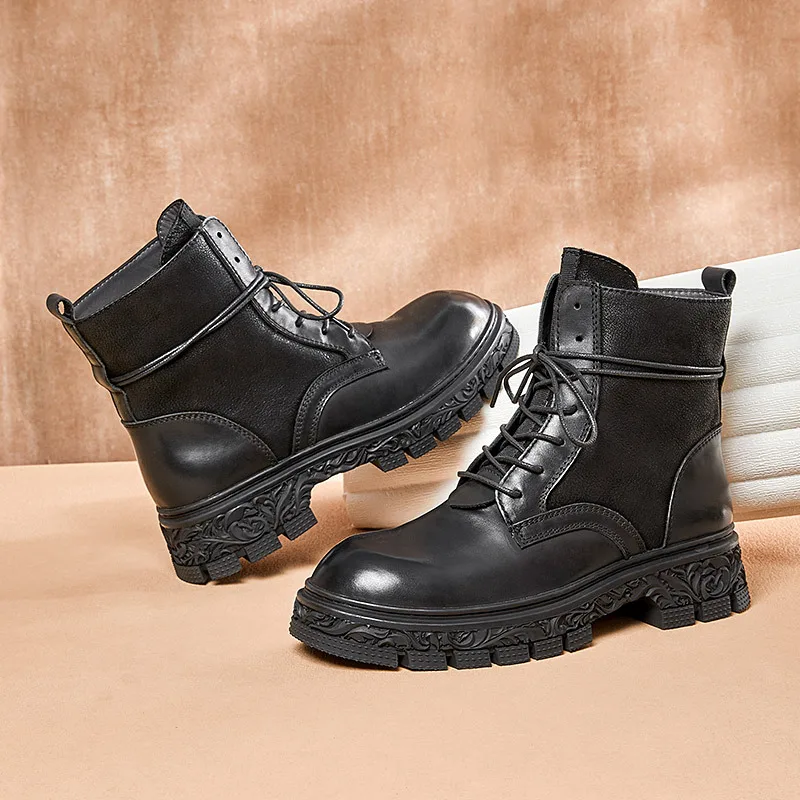 High Quality Genuine Leather British Retro Men Shoes Autumn Winter Ankle Boots All-match Cowhide Cowboy Boots Motorcycle Boots