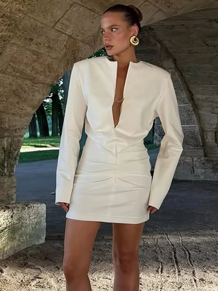 Nibber Metal Chain Dress Women v-Neck Folds Long Sleeve Solid Office Style Fashion Elegant Street Simple Classic Mini Bodycon