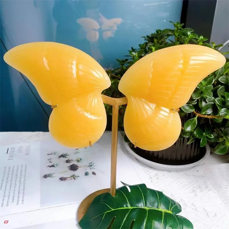 

Natural Yellow Calcite Butterfly Wings Carving Quartz Healing Energy Gemstone Crystal Crafts For Study Decoration 1pair