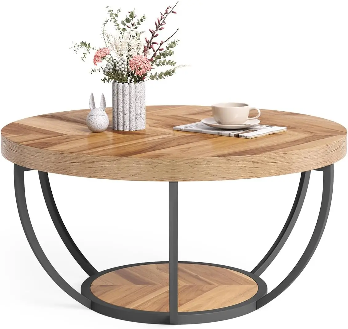 Tribesigns Round Coffee Table, 32" Circle Coffee Table for Living Room, 2-Tier Wood Accent Center Table with Open Storage Indus