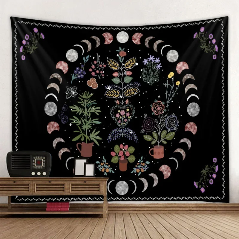 

Tapestry, plant, lunar phase, wall hanging, home, dormitory wall decoration, blanket, hippie Bohemian aesthetic room decoration