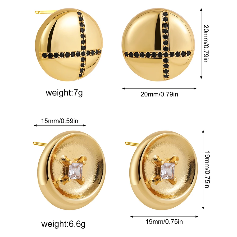 Fashion Thick Circle Round Stud Earrings Gold Plated Inlaid Cubic Zirconia Geometric Women Ear Studs Unique Jewellery Wholesale
