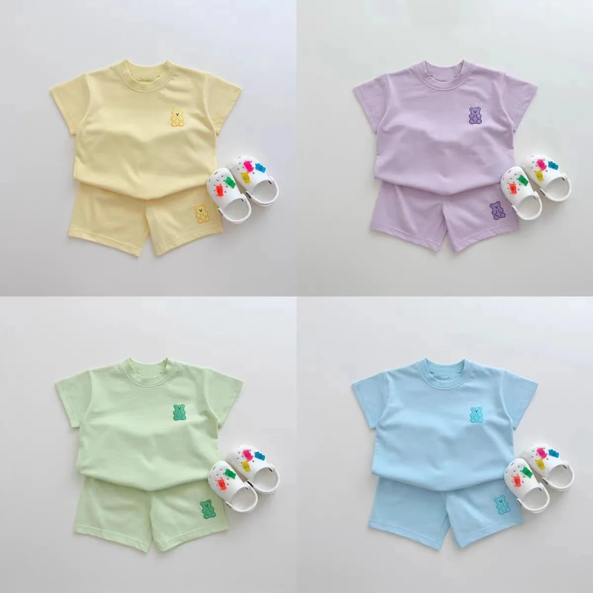 

Korean Summer Baby Clothing Boys Sets Solid Color Short Sleeve Bear T-Shirts+Loose Shorts Suit Toddler Kids Girls Clothes Outfit