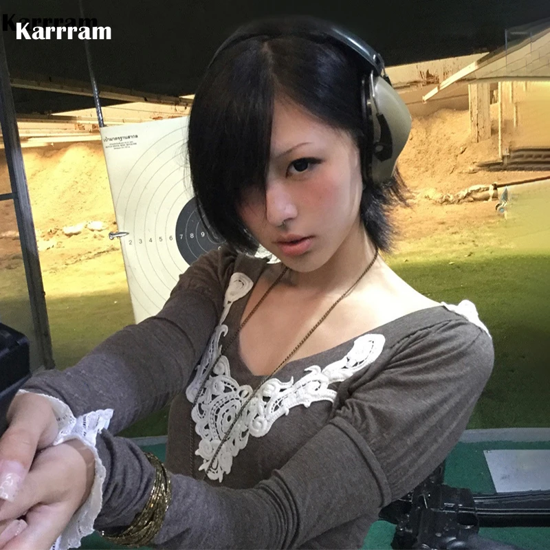 Karrram Japanische Y2k Spitze Patchwork Tops Vintage Harajuku Langarm Strick T-shirt Trashy 2000er Jahre Stil Strickwaren Amerikanische 90er Jahre