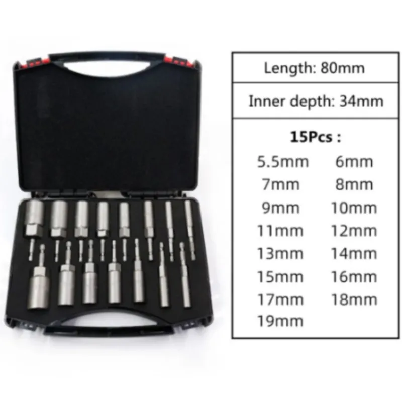 Hex Socket Sleeve Set Nozzles 5.5mm-19mm Nut Driver Set Power Screwdriver Handle Power Drills Impact Drivers Socket Wrench Tools 3