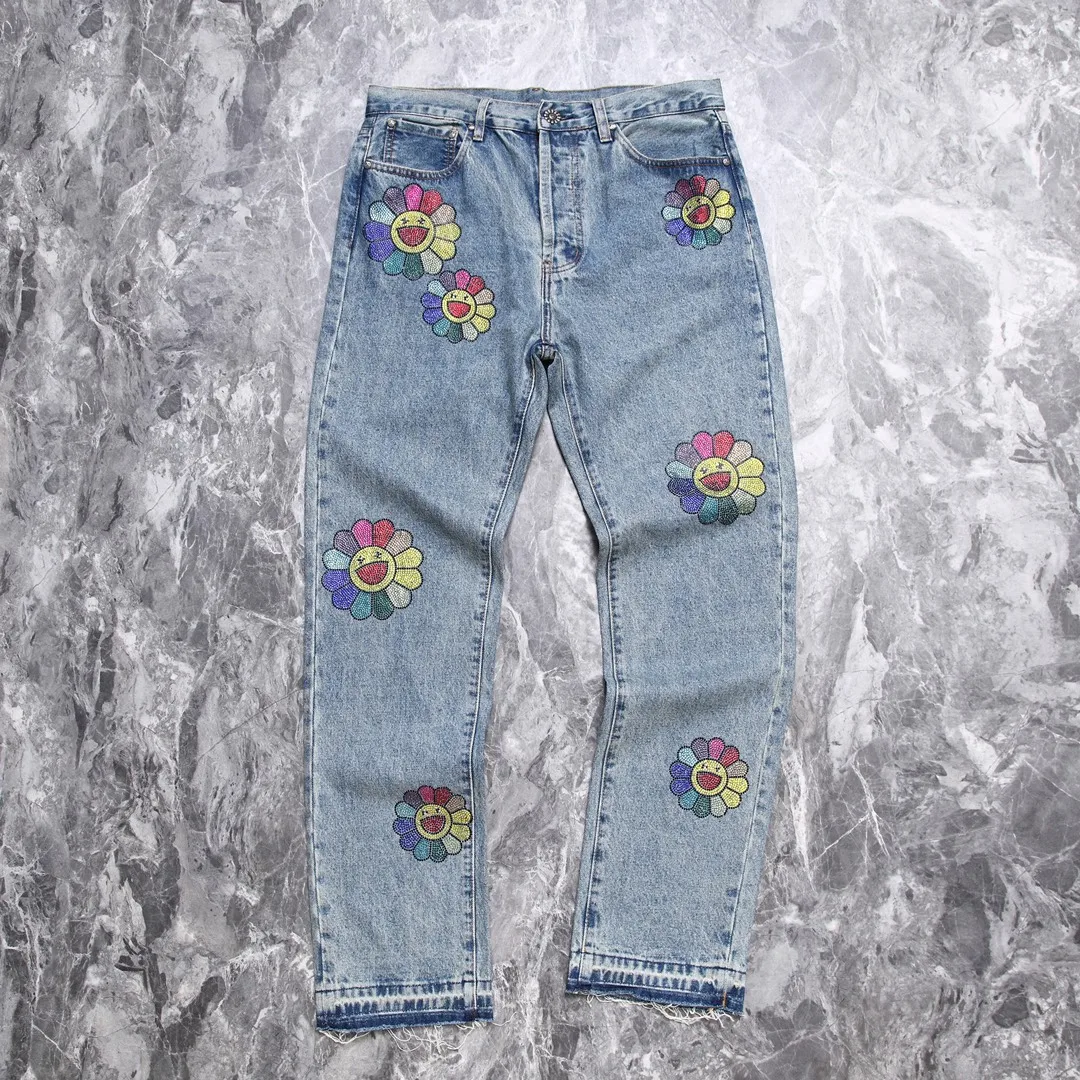 

Washed Colorful Diamond Sunflower Straight Leg Loose Washed Jeans Men Women Fashion Brand Couple Pants