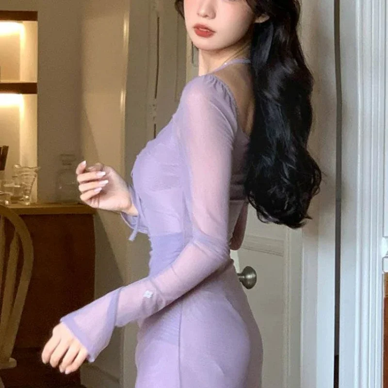 

Gentle and Ladylike Temperament Dress 2023, Covering Flesh, Young and Long Sleeved V-neck Bow Tie, Women's Early Spring Style