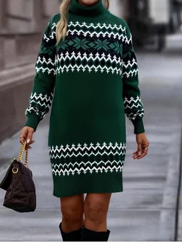 Plus Size Women Christmas Sweater Dress Turtleneck Long Sleeve Dark Green Geometric Jacquard Knit Loose Midi Dress Winter