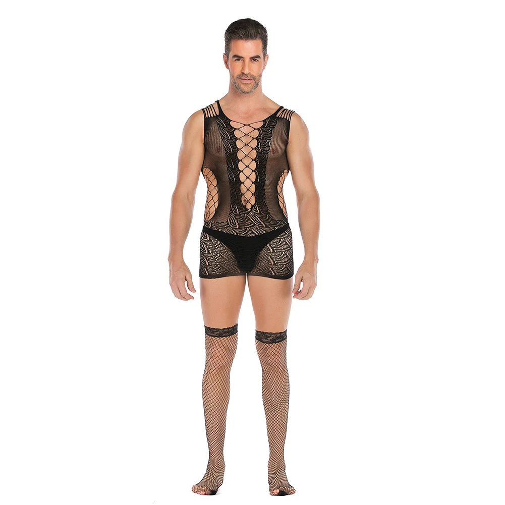 

Sexy Men Sissy Bodystocking Lace Fishnet Nightdress See Through Mesh Lingerie Open Crotch Bodysuit Gay Man Erotic Lingerie