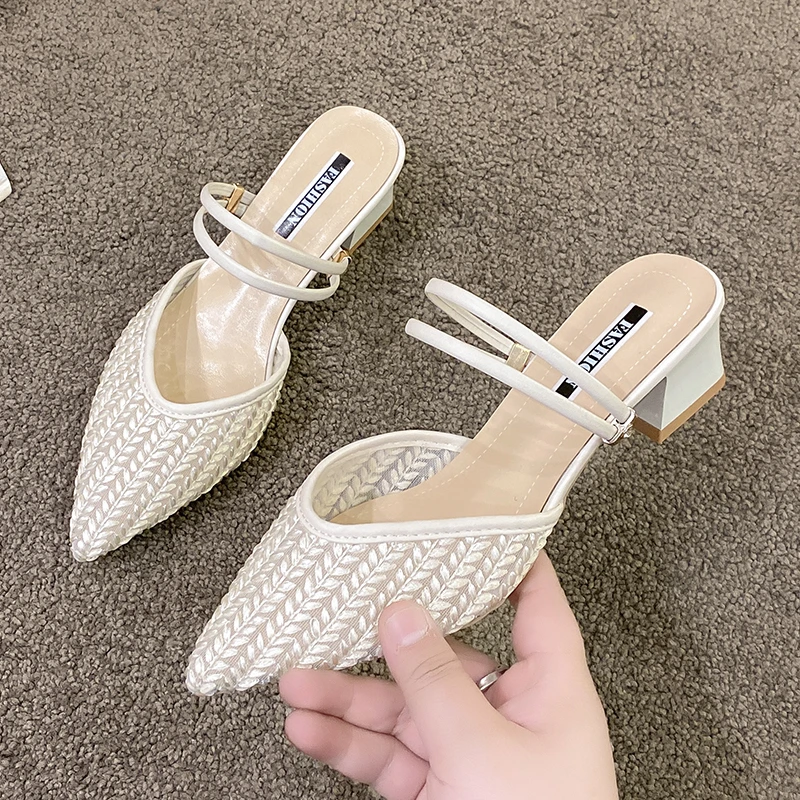 Strin Bead Pantofole Casual Tacco quadrato Scarpe Donna Tacchi a punta Diapositive Med Pantofle Block Hih Cover 2024 PU_voghion.com