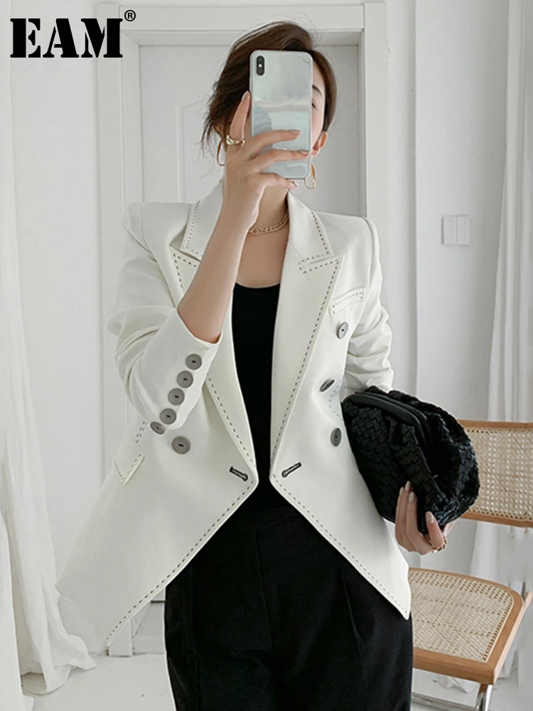 [EAM]  Women White Line Split Irregular Blazer New Lapel Long Sleeve Loose Fit  Jacket Fashion Tide Spring Autumn 2022 1Z409 dressy pant suits