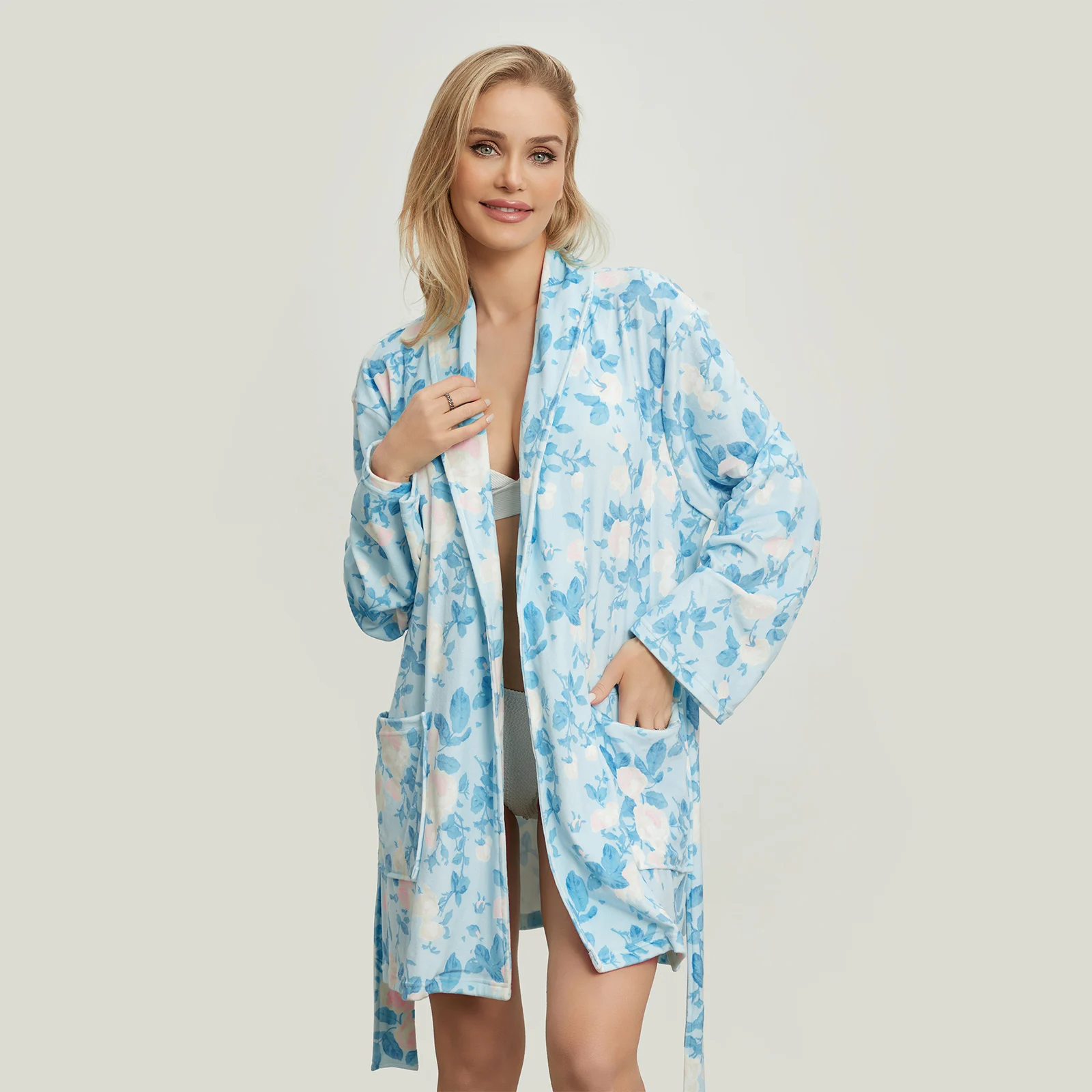 Women's Sleep Robe Spring Autumn Sleepwear Floral Print Long Sleeve Lapel Belted Nightgown with Pockets Bath Robes Loungewear