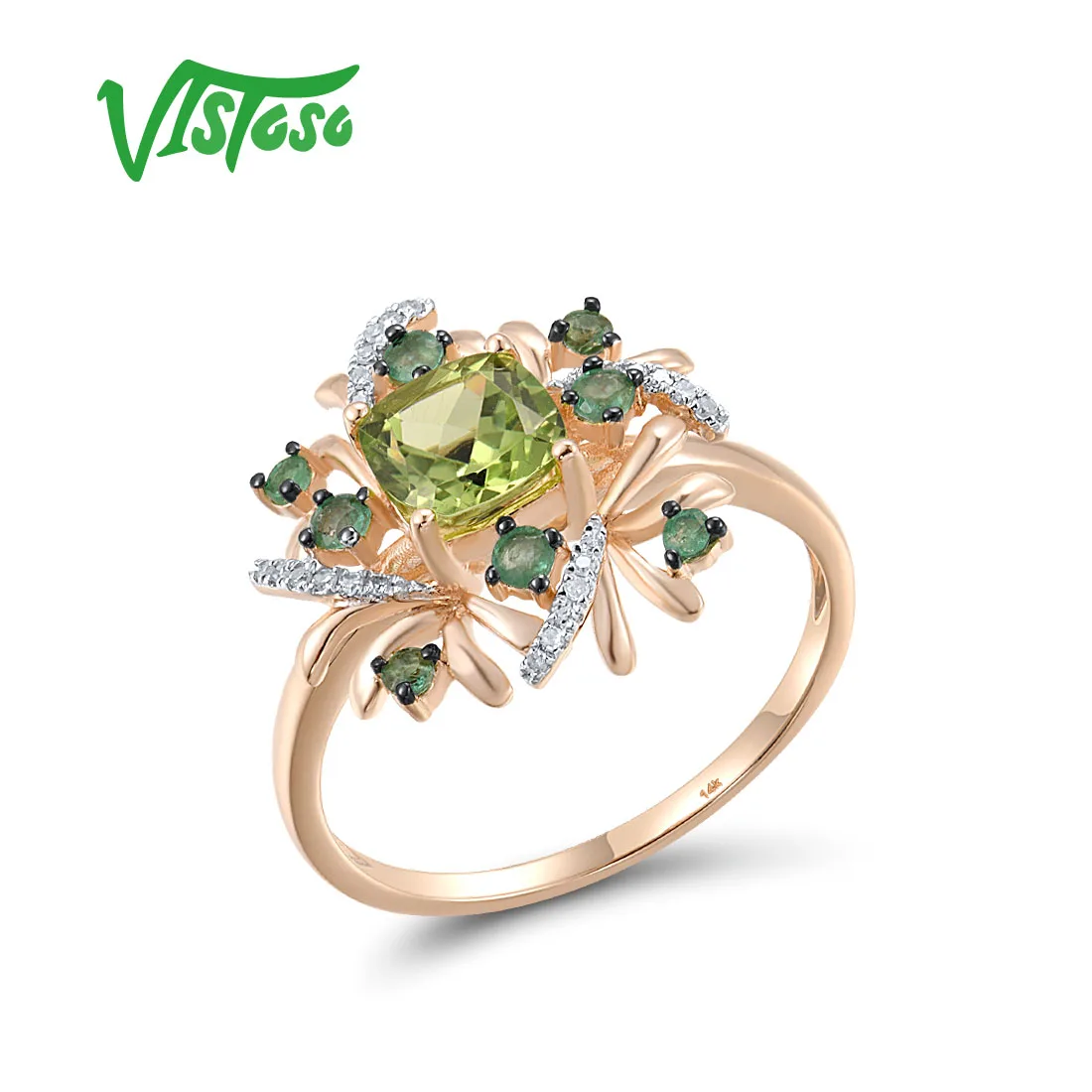 VISTOSO Genuine 14K 585 Rose Gold Rings For Women Sparkling Natural Diamond Emerald Paridot Gorgeous Fine Party Fashion Jewelry
