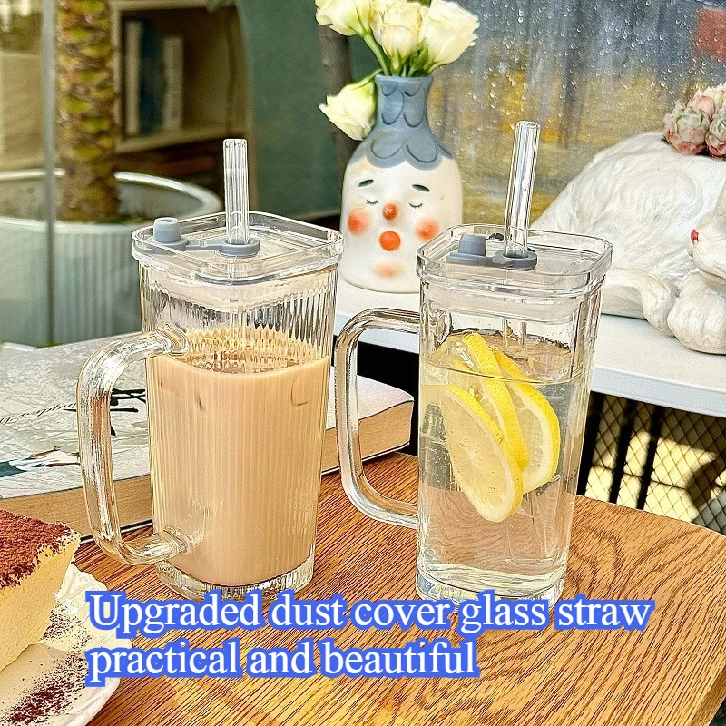 1Pcs Square Heat Resistant Coffee Glass Cup With Lid and Straw Transparent Milk Tea Juice Cups Coffee Mug For Home Bar Drinkware