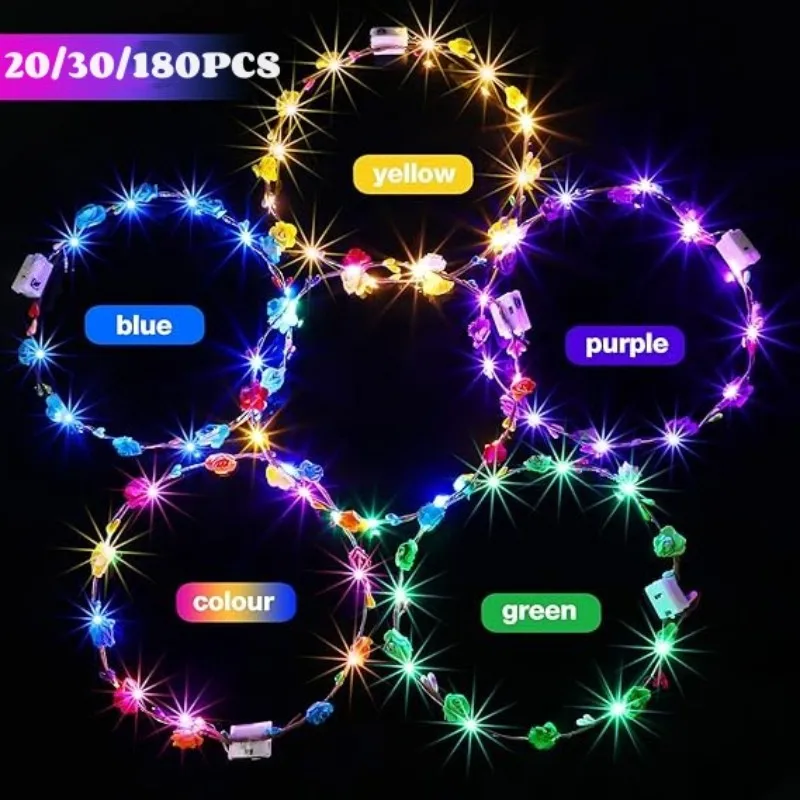 10LED Flower Crown Light up Headband LED Hair Garlands Glow in the Dark Flower Crown LED Hair Wreath Wedding Party 20/30/180Pcs