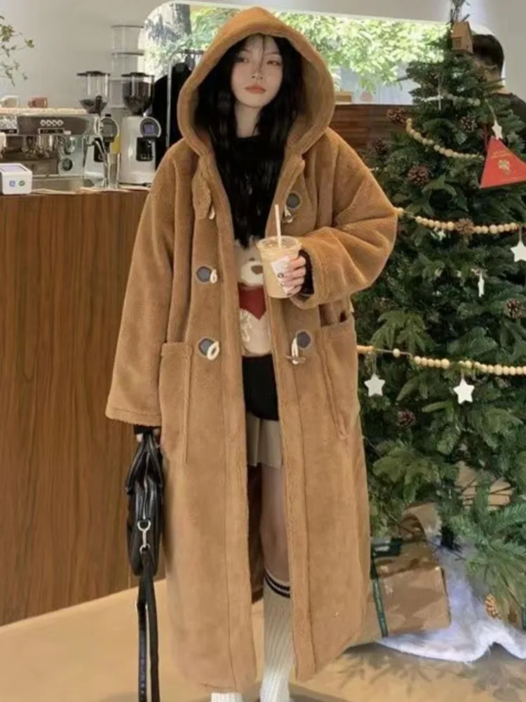 

Women Elegant Long Sleeve Winter Midi Coat Korean Lady New Thick Warm Loose Overcoat 2023 Fashion Vintage Solid Outfits With Hat
