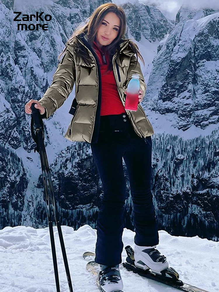 Winter Hooded Down Jackets Women With Belt Warm Thick Long Sleeve Stand Collar Parkas Padded Coats 2025 Lady Sports Ski Outdoor