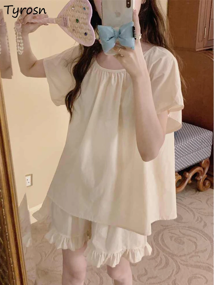 

Пижамный комплект Женский с оборками, свободная нежная Пижама для отдыха, однотонная модная повседневная Элегантная пижама в Корейском стиле с круглым вырезом для студентов, на лето