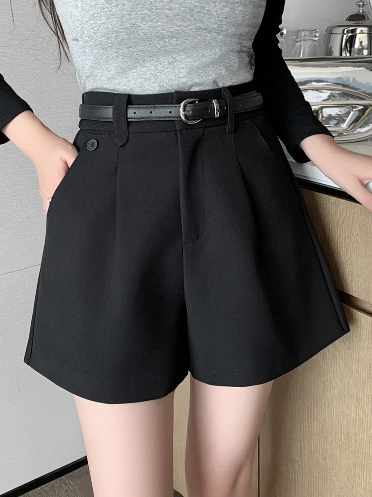 QOERLIN Summer Wide Leg Shorts Women Office High Waist Suit Shorts Loose Button Solid Classic Casual Black Shorts With Belt New
