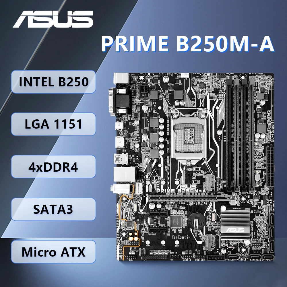 

Материнская плата LGA 1151, комплект Asus PRIME B250M-A + I5 6500 cpu Intel B250 4 × DDR4 64 Гб PCI-E 3,0 2 × M.2 USB3.1 micro ATX