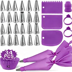Purple Silicone Pastry Bags and Stainless Nozzle Set for Cake Decorating and Icing (34pcs)