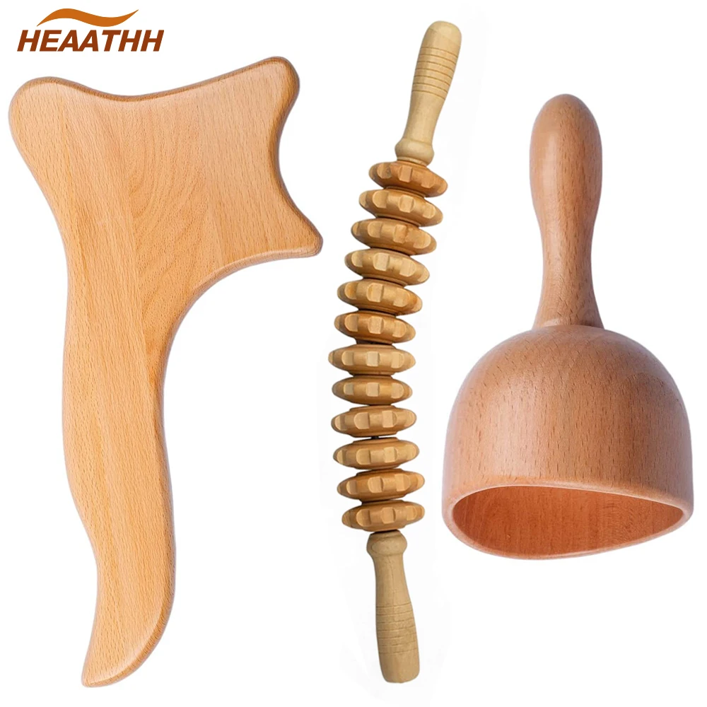 3PCS Wooden Curved Massage Roller Stick Gua Sha Board Wood Swedish Cup for Body Muscle Relief,Lymphatic Drainage,Anti Cellulite 1pcs wooden gua sha tool wooden beech scraping board massage face neck muscle for pain relief