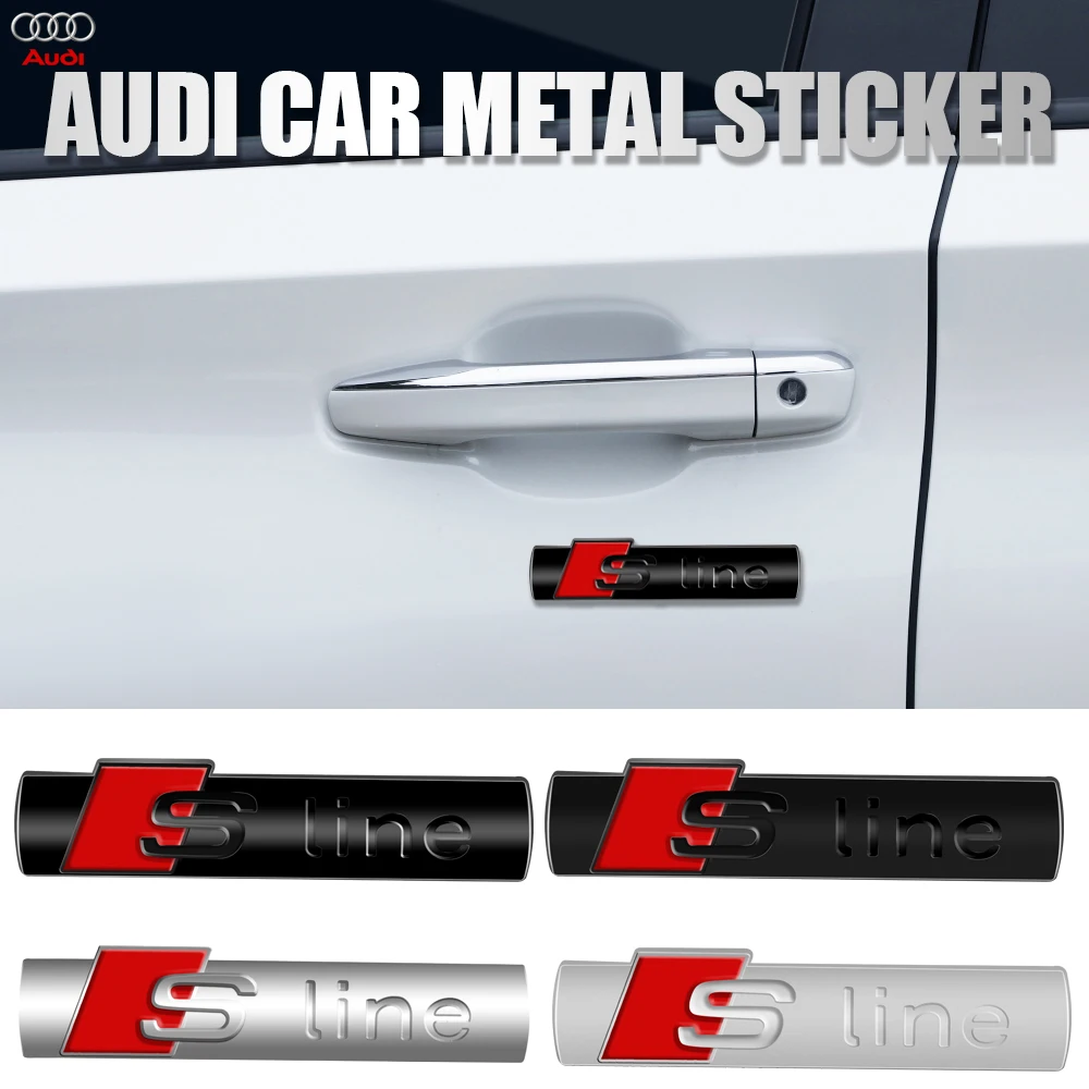 Car Grill Sticker Car Door Sill Sticker Wheel Center Hub Cap Sticker 3D Metal Sline Emblem Stickers Auto Body Trunk Decor Decal Accessories For Audi Sline Quattro TTRS A4 B8 A3 8P A6 C7 8V B6 B7 B9