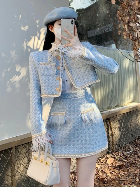 High Quality Luxury Beading Tweed Two Piece Set Women Woolen