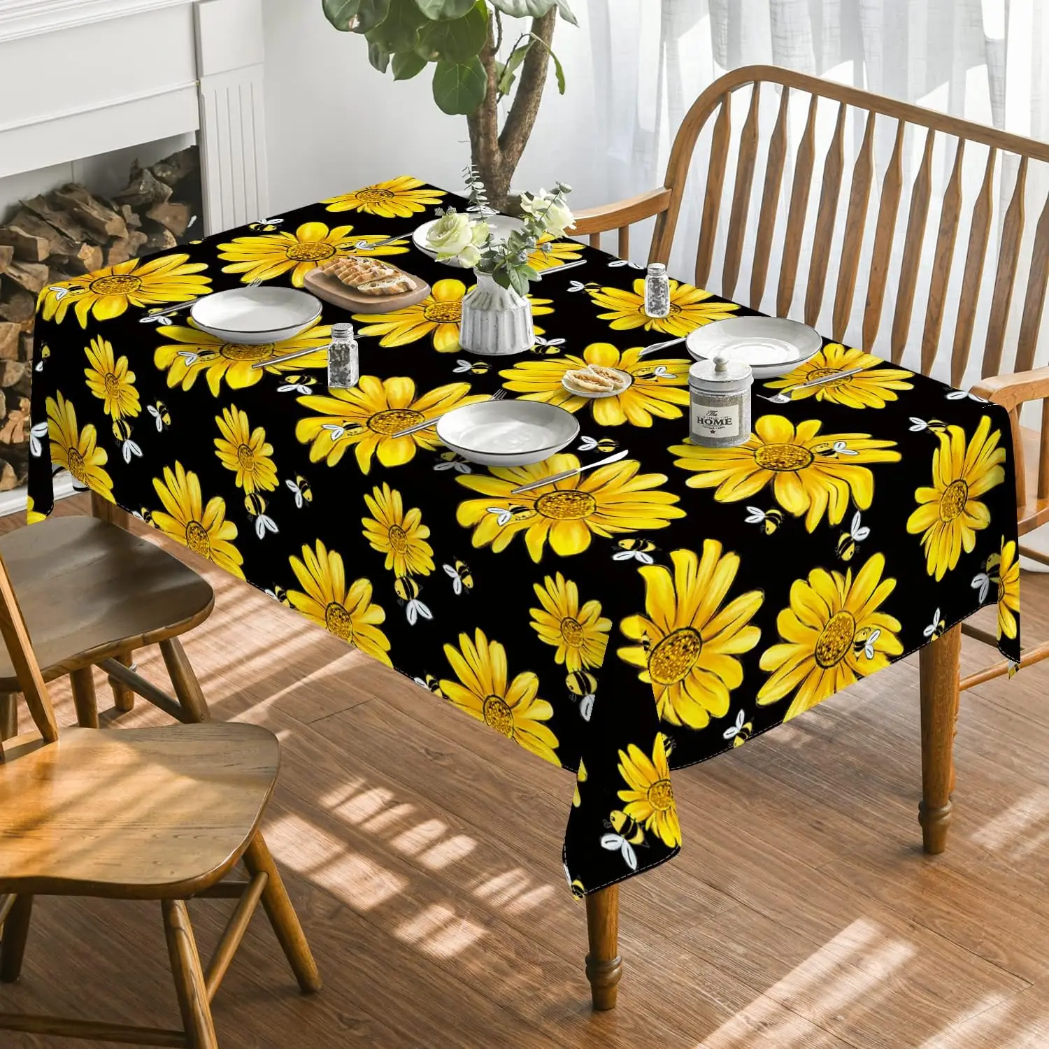 Spring Yellow Sunflower Printed Tablecloths Bumble Bee White Washable Table Cover for Kitchen Table Decor Wedding Party Decor 2