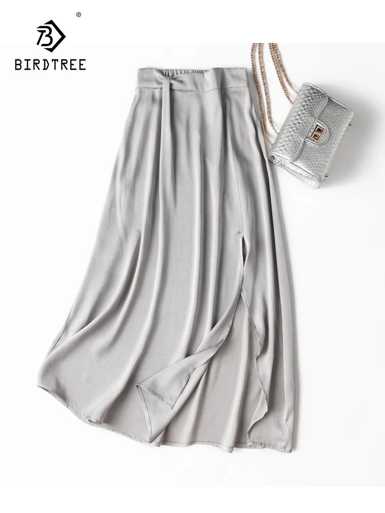 

Birdtree 93% Real Silk 7% Spandex Elegant Skirt Women Jacquard Gray OL Commute Slit Side Chic Midi Skirts 2024 Spring B41438QC