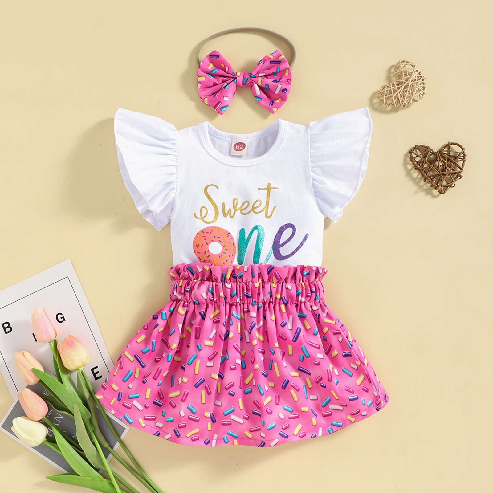 

0-18 Months Baby Girl Summer Skirt Set Letter Print Fly-sleeve Round Neck Tops Donut Sugar Print Skirt Bow Headband