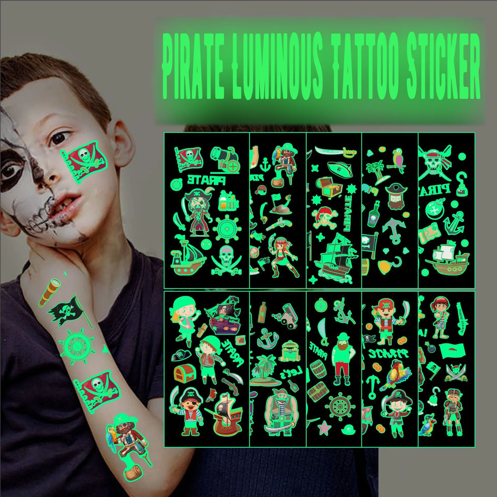 

10 Pack Kids Luminous Pirate Tattoo Stickers Cartoon Fun Treasure Hunt Caribbean Boy Glowing Temporary Tattoo Stickers