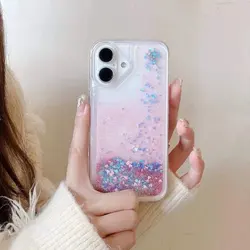 Sparkling Clear Glitter Quicksand Shockproof Phone Case with Bling Sequins - iPhone 15 Plus (Colorful Pink)