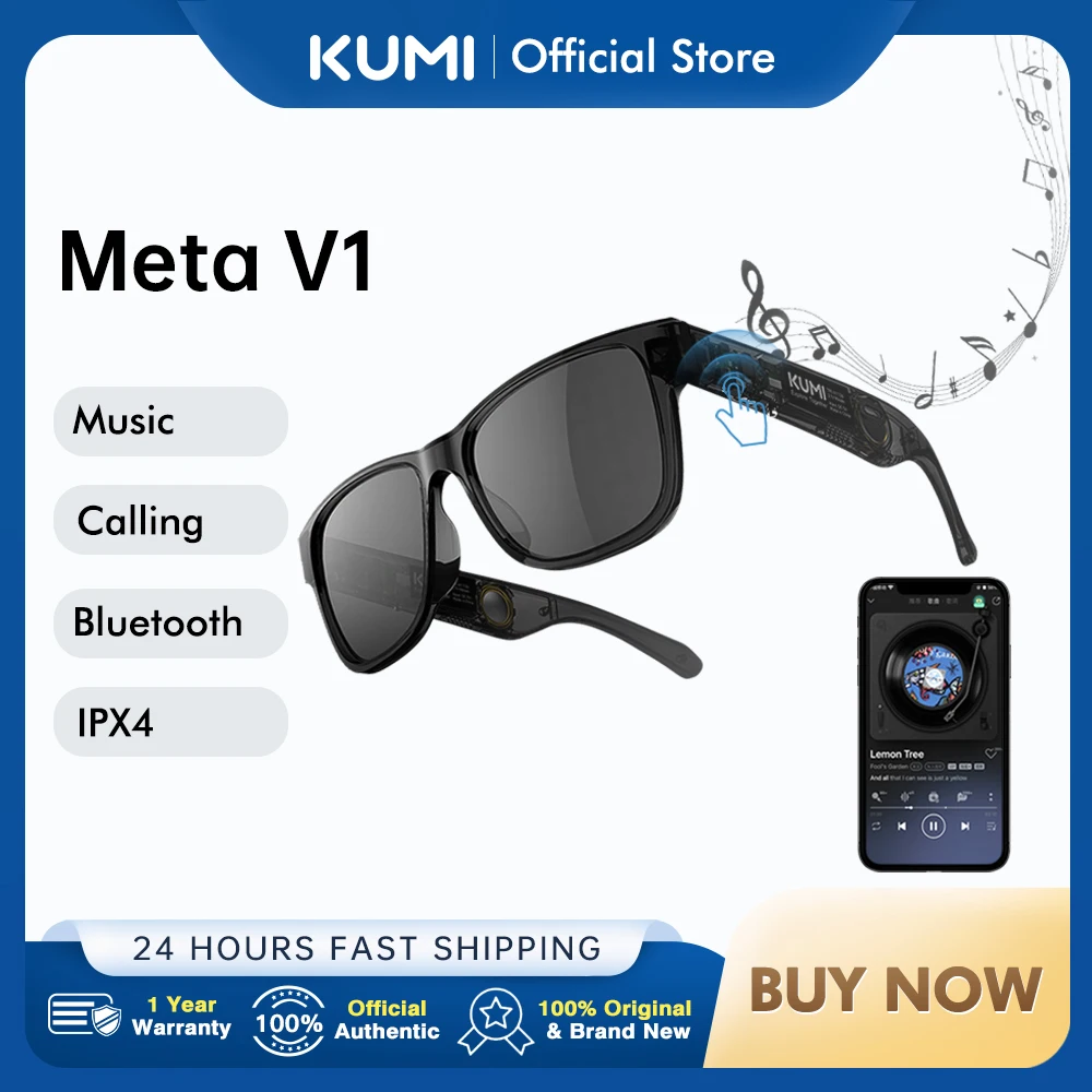 KUMI Meta V1 스마트 안경, 편광 선글라스, 블루투스 안경, IPX4 방수, 오픈 이어 헤드폰, 블루투스 전화 통화