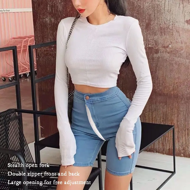 

High Waist Denim Short Women's Summer Thin 2022 New 5-Point Pants Tight Sexy Invisible Open-Seat Pant Women's Elastic Capri Pant