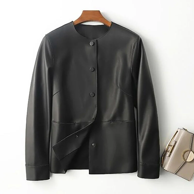 Womens Genuine Leather Jacket Spring Autumn Long Sleeve Elegant Soft Real Sheepskin Leather Coat Office Lady Solid Color Outwear