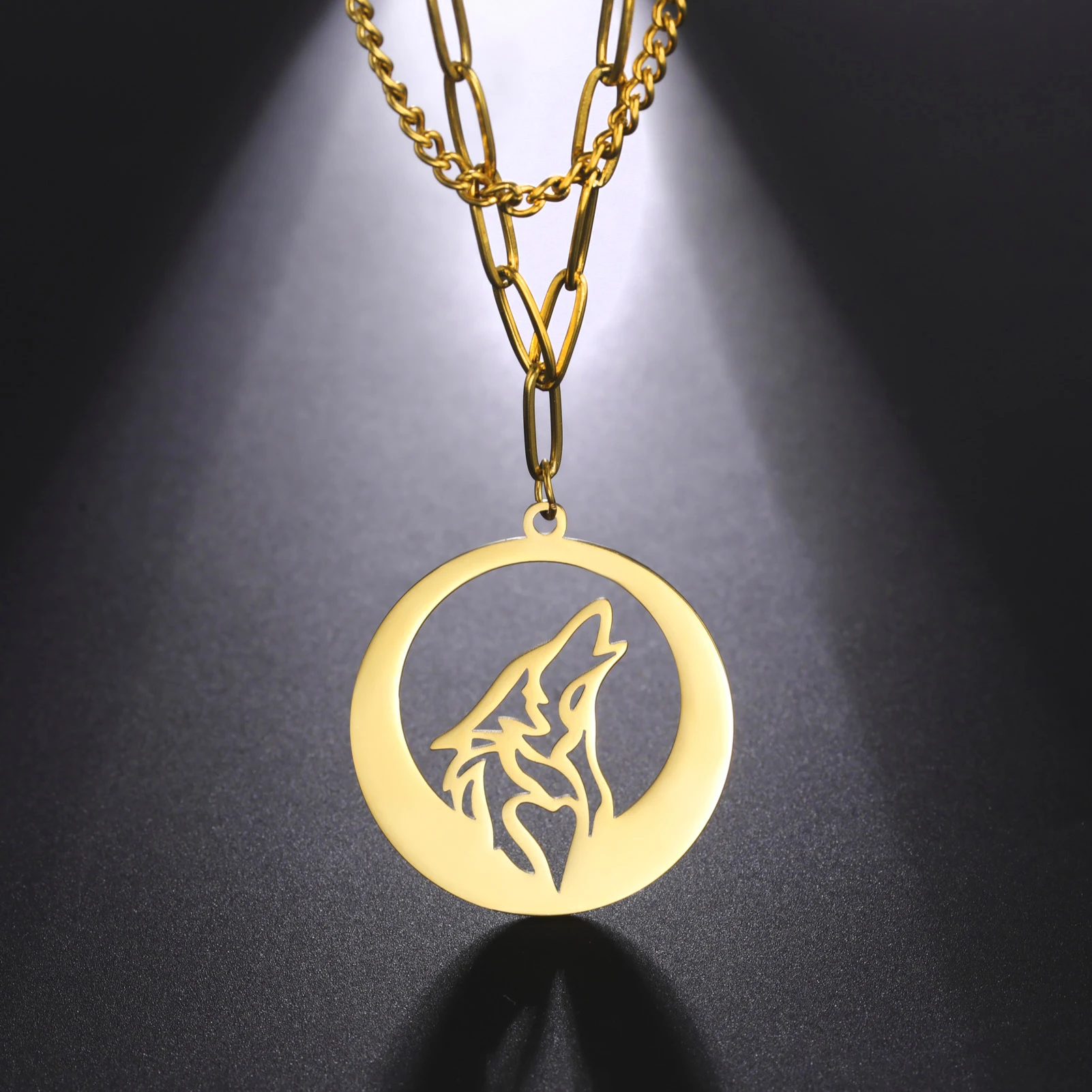 Howling Wolf Head Necklaces Men Male Hip Hop Stainless Steel Witcher Animal Hollow Round Pendant Punk Jewelry Double Chain Gifts