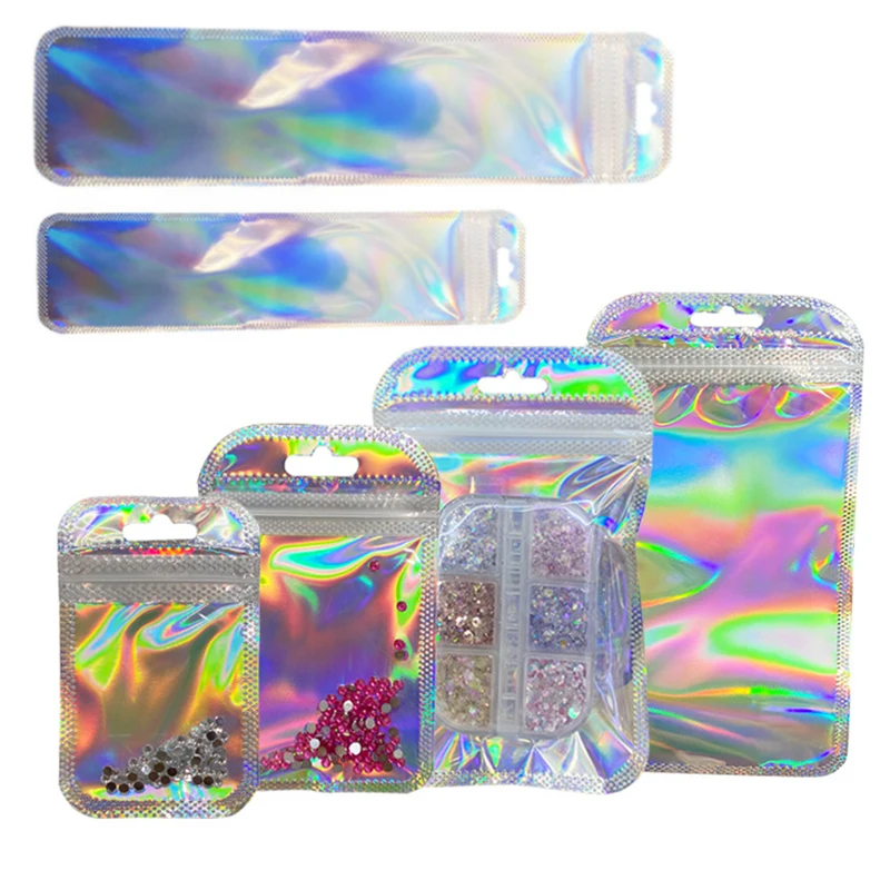 50pcs Laser Iridescent Zip lock Bag Clear Pouch Thicken Self Sealing OPP Bags Hang Hole for Jewelry Earring Display Packaging