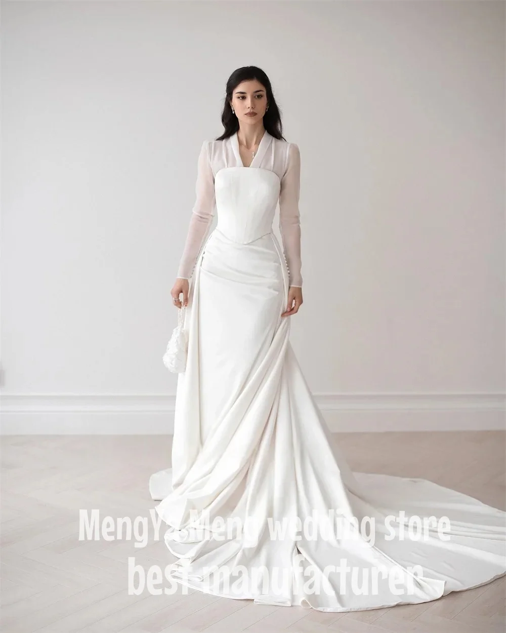 ZHUISHU Modest Ivory Mermaid Wedding Dress V Neck Full Sleeves Bridal Gown Customized Arabic Plus Size Corset Formal Gown 1