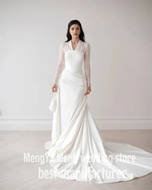 ZHUISHU Modest Ivory Mermaid Wedding Dress V Neck Full Sleeves Bridal Gown Customized Arabic Plus Size Corset Formal Gown 1
