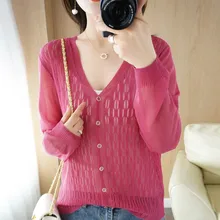 

Spring And Autumn New Ladies Ice Silk Knit Korean Version Long Sleeve V-Neck Sweater Loose Fashion Versatile Exquisite Cardigan