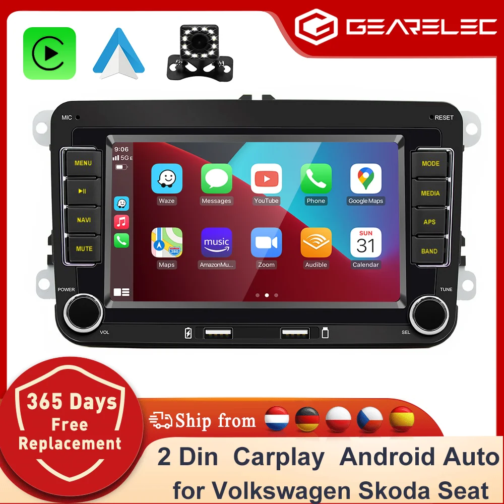 Radio para coche Android 2 Din de GEARELEC, reproductor multimedia con GPS, WiFi y CarPlay para Volkswagen, Skoda Octavia, Golf 5/6, Touran, Passat, Polo y Jetta 1