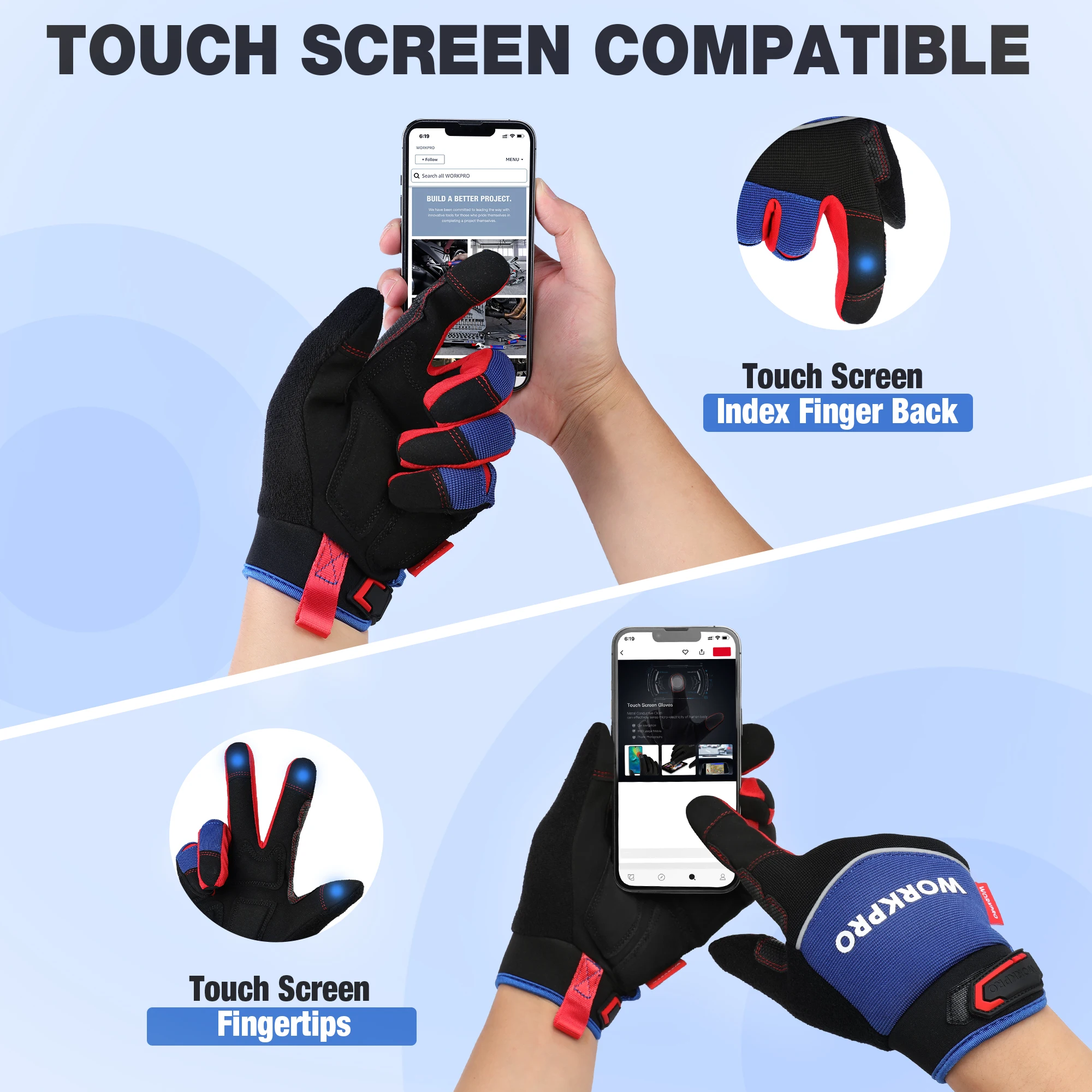 WORKPRO Safety Work Gloves Mechanic Working Gloves for Men Women Touch Screen Terry Fabric Non-Slip