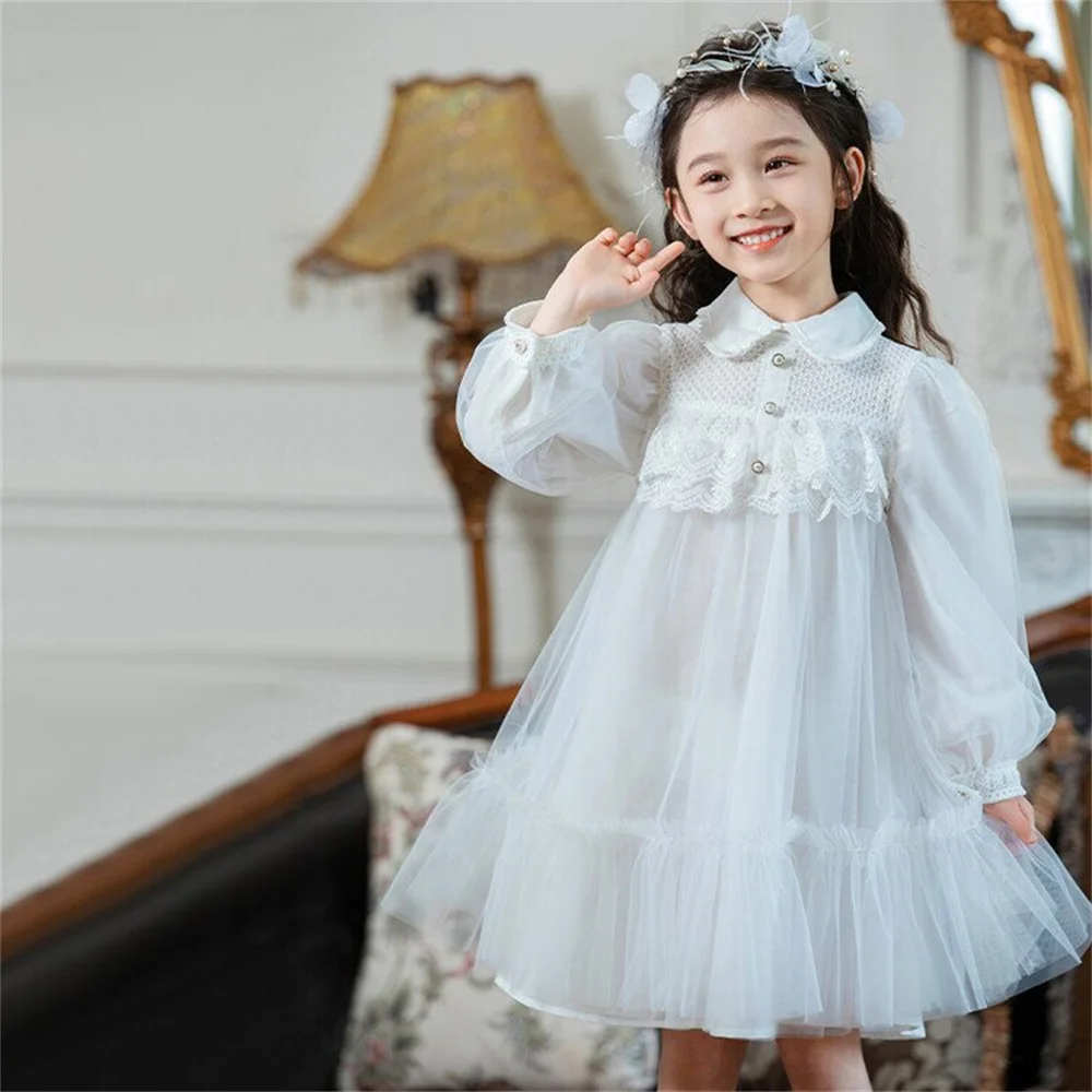 

6601 Fashionable Long Sleeved Girl's Dress Mesh Fluffy Skirt Children's Dress Petal Sleeve Princess Skirt 17604