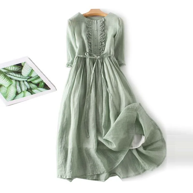 

Women Dresses Summer Sweet O Neck Solid Holiday Beach Dress Elegant Ruffles Sundress Robe Femme Short Sleeve Lace Up Midi Dress