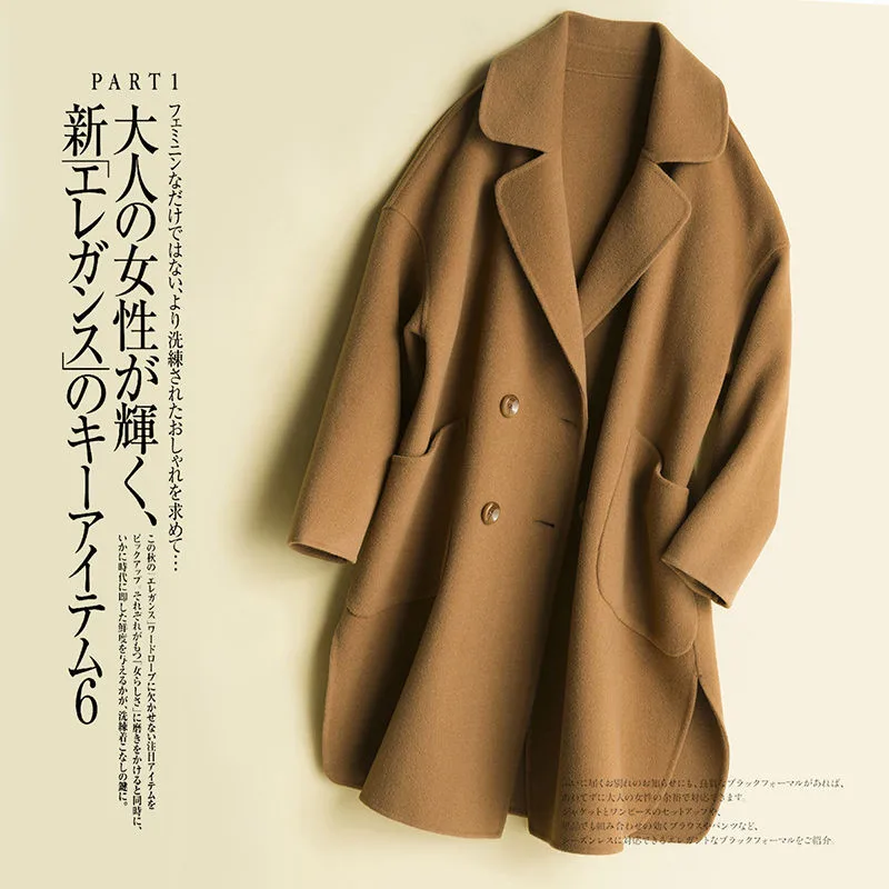 

Nice Autumn Winter Women Woolen Coat Turn Down Collar Double Breasted 100% Wool Coat Camel Women Warm Coat Casaco Feminino P1066
