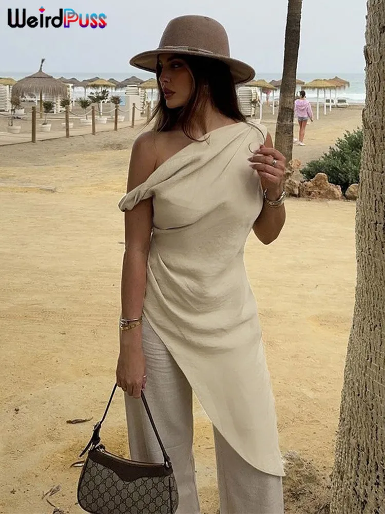 nibber Inclined Shoulder Long Tops Woman Summer Solid Sleeveless Cross Straps Ruffles Irregular Hem Chic Skinny Streetwear